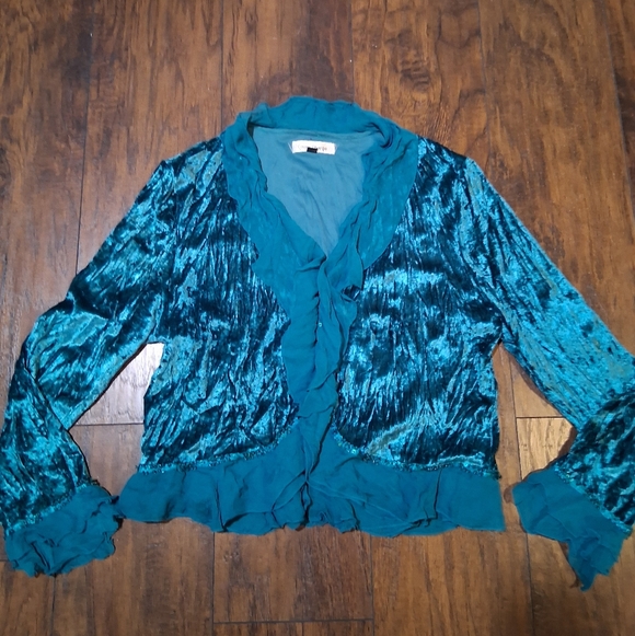 EUC Cover Charge L Vintage Y2K Teal Crushed Velvet Ruffle Shrug Bolero Top! - Picture 5 of 14
